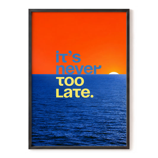 Never Too Late Sunset, orange, blue, yellow nature wall art, front artwork view
