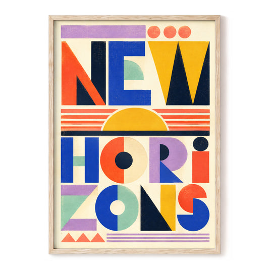New Horizon Geometry, beige, blue, red abstract wall art, front artwork view