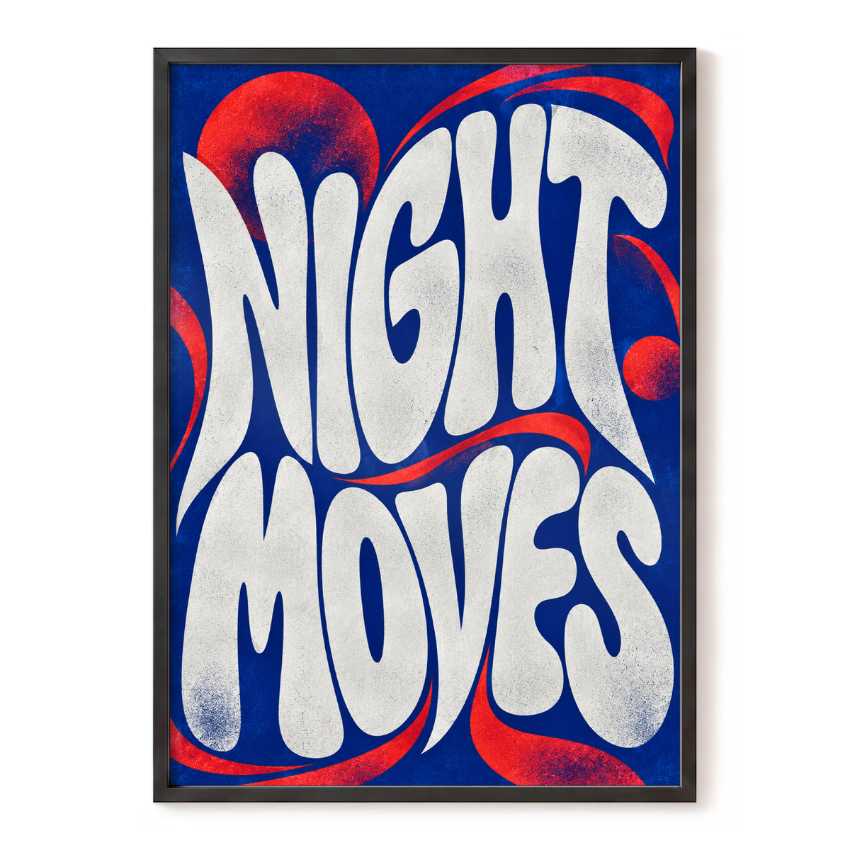 Night Moves, blue, white, red abstract wall art, front artwork view