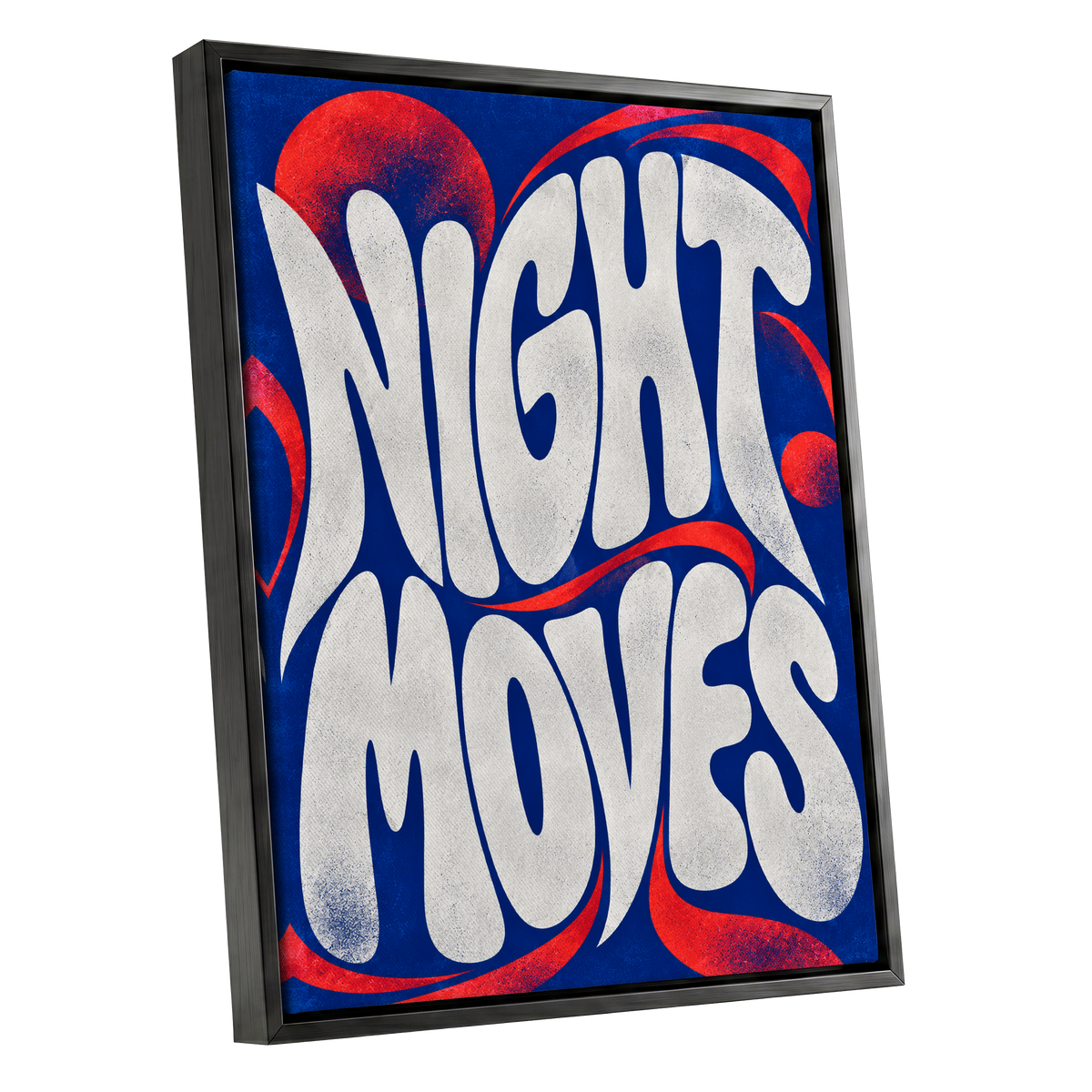 Night Moves, blue, white, red abstract wall art shown as a black framed canvas wall art