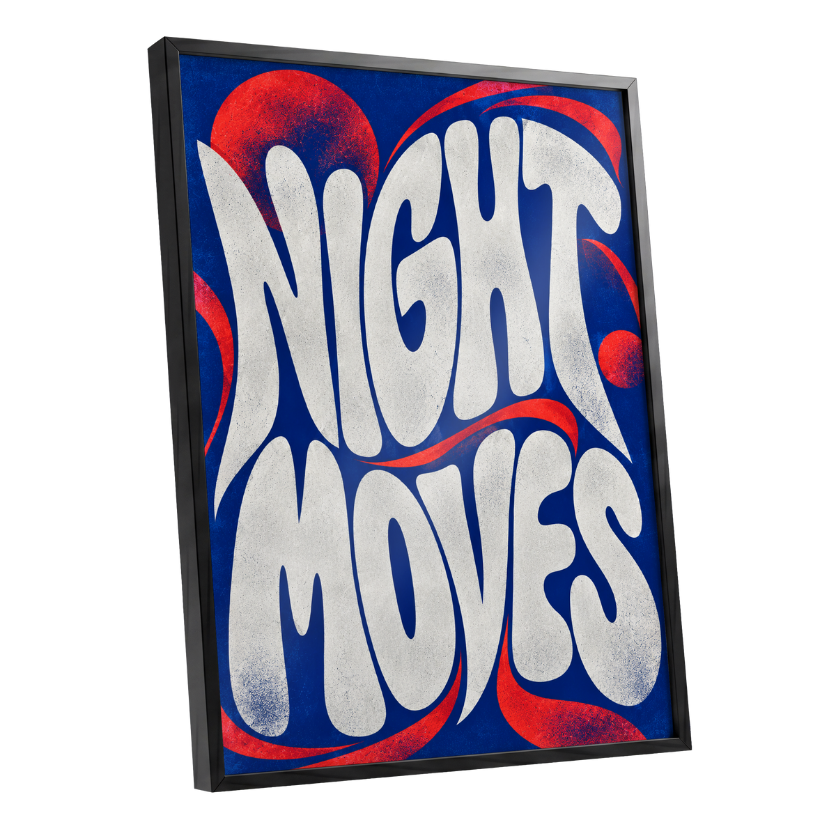 Night Moves, blue, white, red abstract wall art shown as a black framed poster wall art print