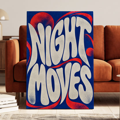 Night Moves, blue, white, red abstract wall art on canvas displayed in a styled interior, gallery view 1