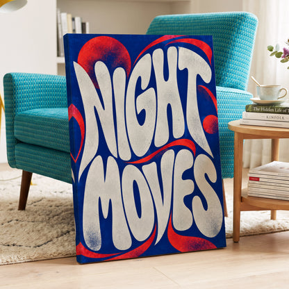 Night Moves, blue, white, red abstract wall art on canvas displayed in a styled interior, gallery view 2