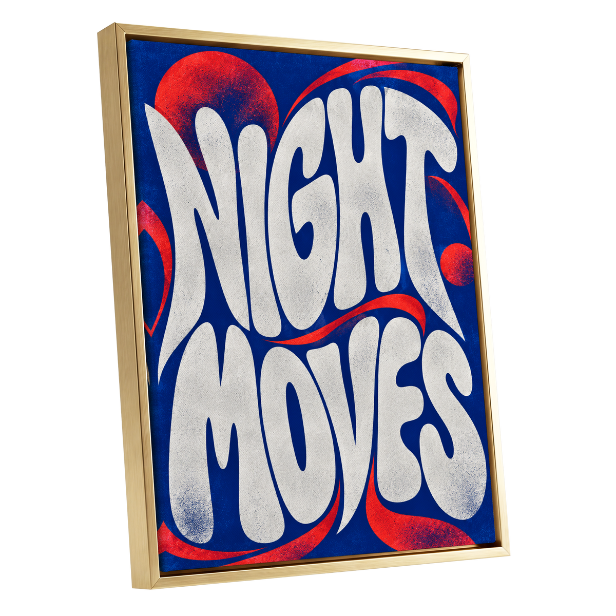 Night Moves, blue, white, red abstract wall art shown as a gold framed canvas wall art