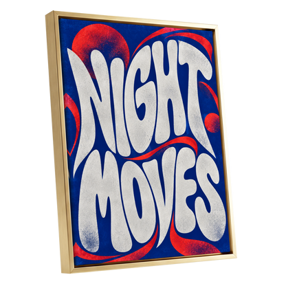 Night Moves, blue, white, red abstract wall art shown as a gold framed canvas wall art