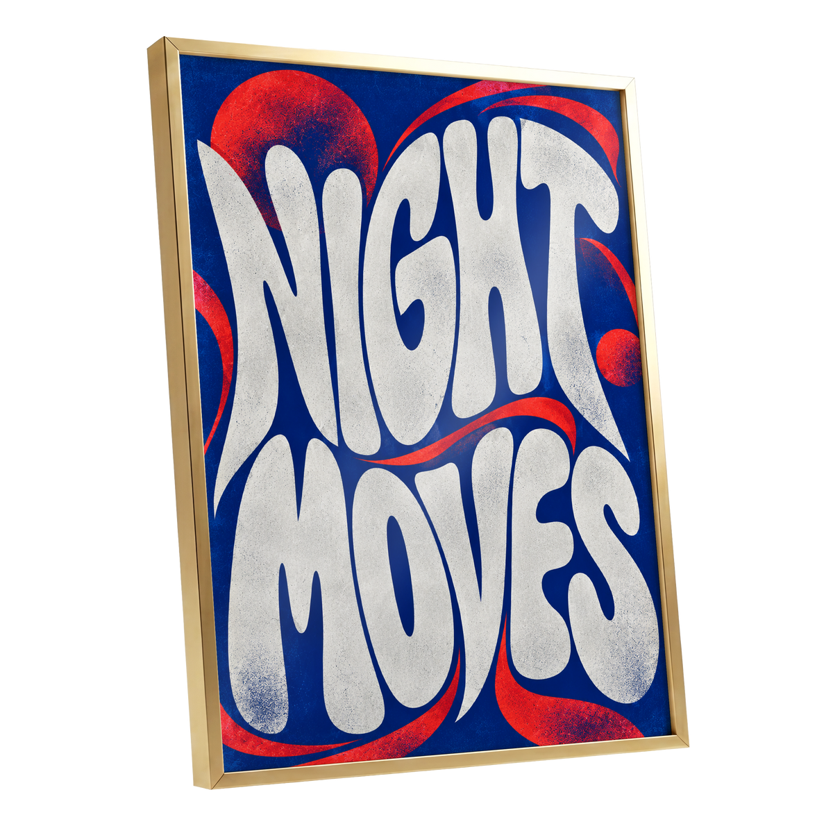 Night Moves, blue, white, red abstract wall art shown as a gold framed poster wall art print