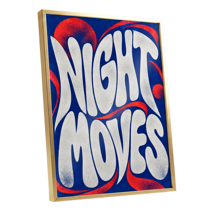 Night Moves, blue, white, red abstract wall art shown as a gold framed poster wall art print
