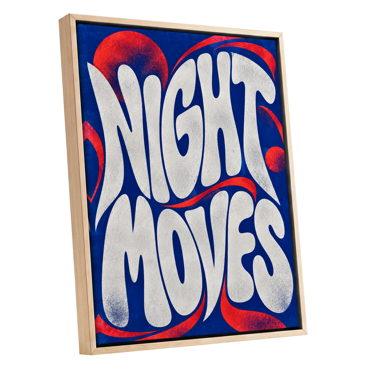 Night Moves, blue, white, red abstract wall art shown as a oak framed canvas wall art