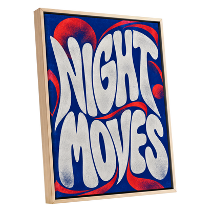 Night Moves, blue, white, red abstract wall art shown as a oak framed canvas wall art