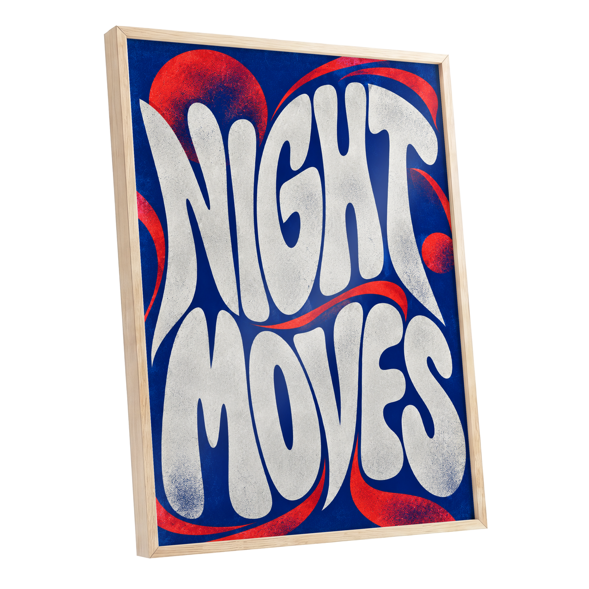 Night Moves, blue, white, red abstract wall art shown as a oak framed poster wall art print