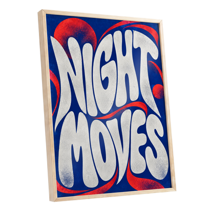 Night Moves, blue, white, red abstract wall art shown as a oak framed poster wall art print