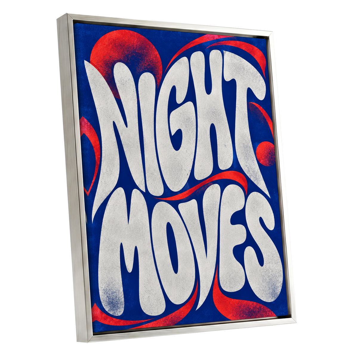 Night Moves, blue, white, red abstract wall art shown as a silver framed canvas wall art