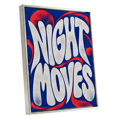 Night Moves, blue, white, red abstract wall art shown as a silver framed canvas wall art