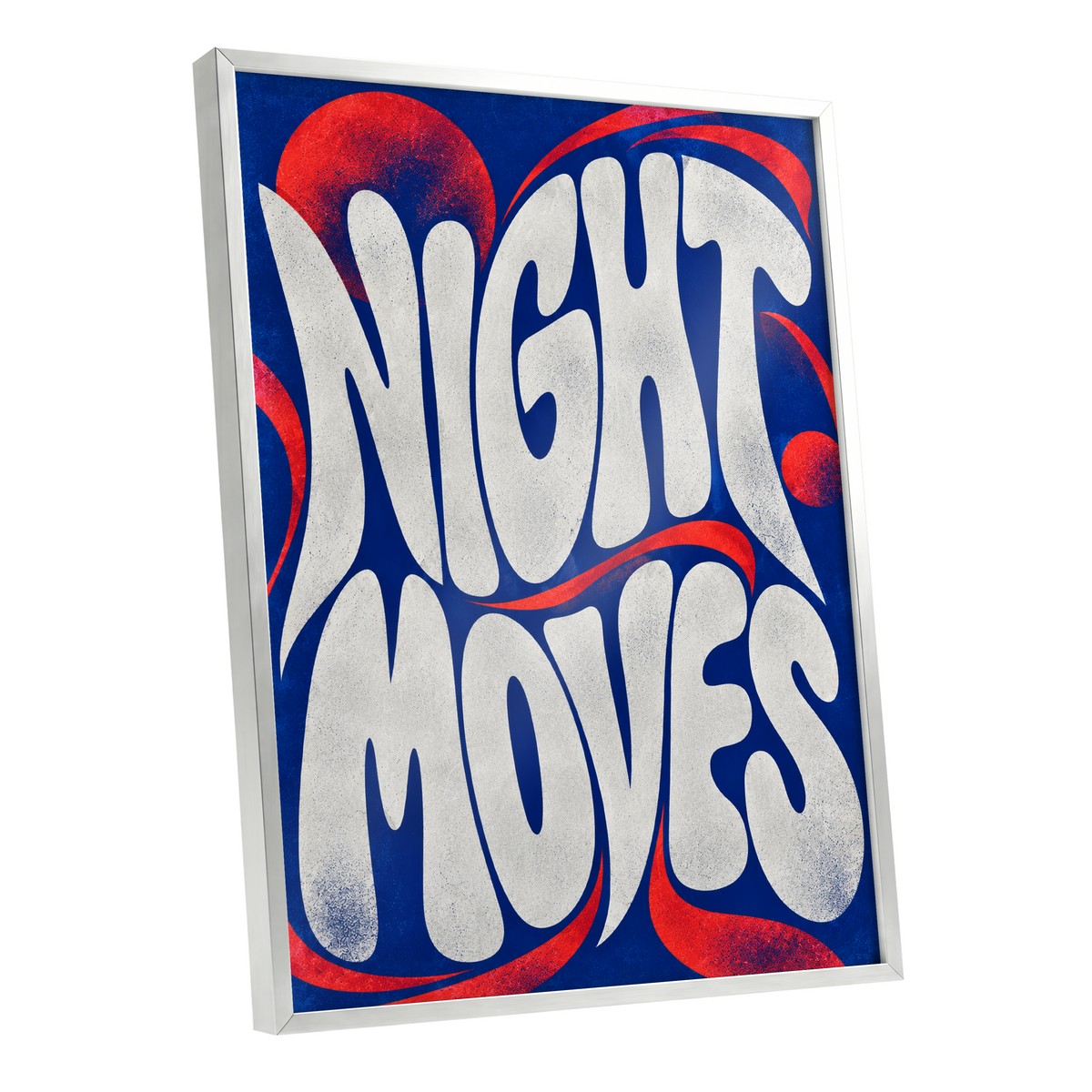 Night Moves, blue, white, red abstract wall art shown as a silver framed poster wall art print