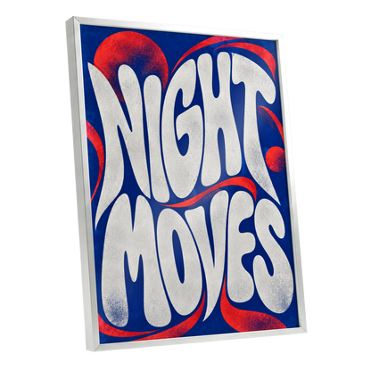 Night Moves, blue, white, red abstract wall art shown as a silver framed poster wall art print