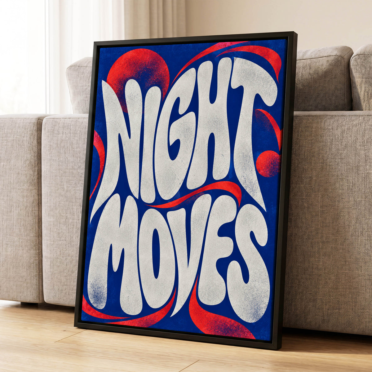 Night Moves, blue, white, red abstract wall art displayed in a styled interior, gallery view 1
