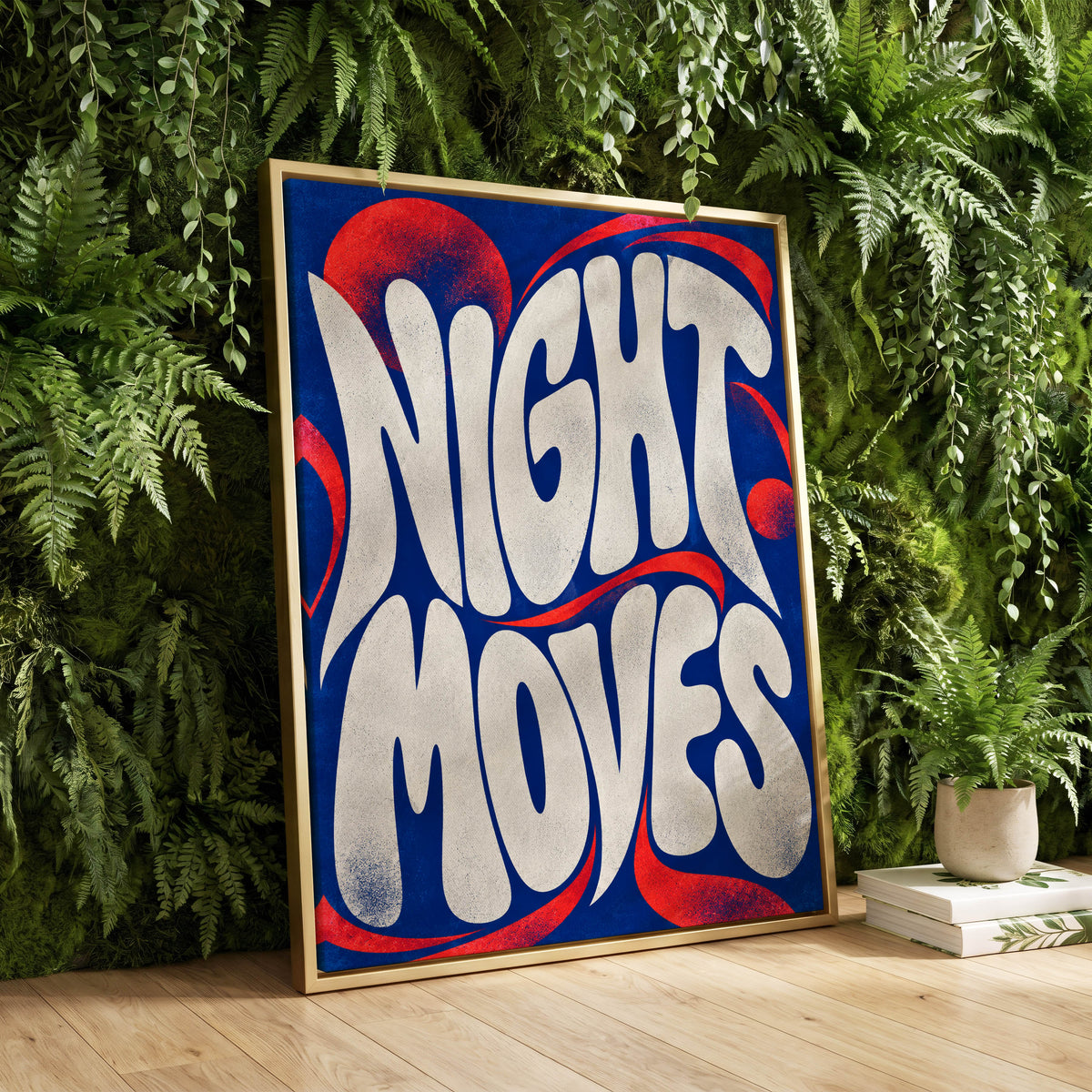 Night Moves, blue, white, red abstract wall art displayed in a styled interior, gallery view 2