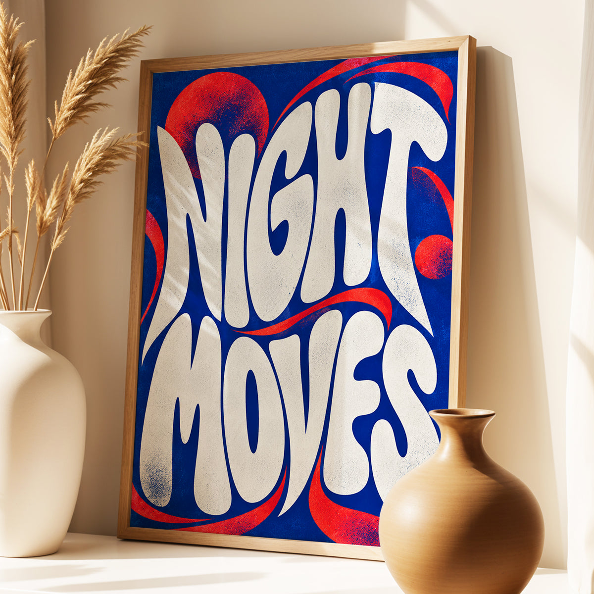 Night Moves, blue, white, red abstract wall art displayed in a styled interior, gallery view 3