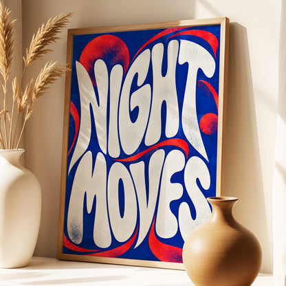 Night Moves, blue, white, red abstract wall art displayed in a styled interior, gallery view 3