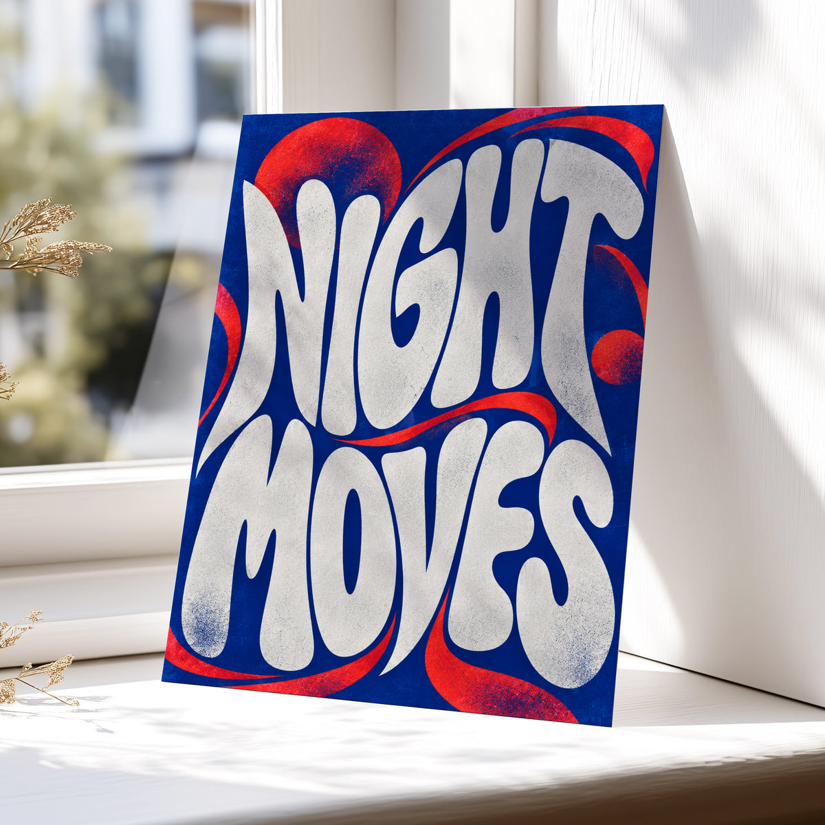 Night Moves, blue, white, red abstract wall art displayed in a styled interior, gallery view 5