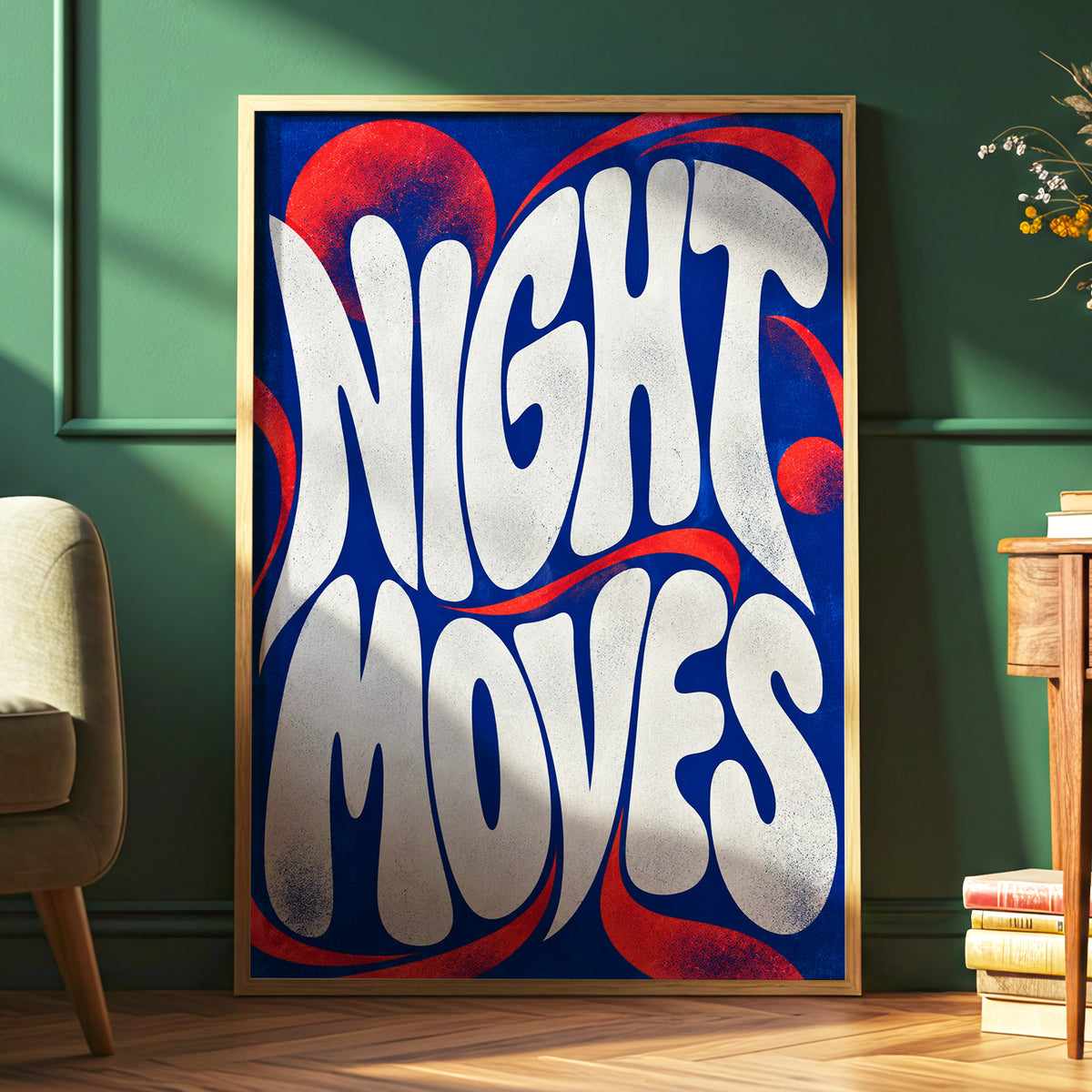 Night Moves, blue, white, red abstract wall art displayed in a styled interior, gallery view 6