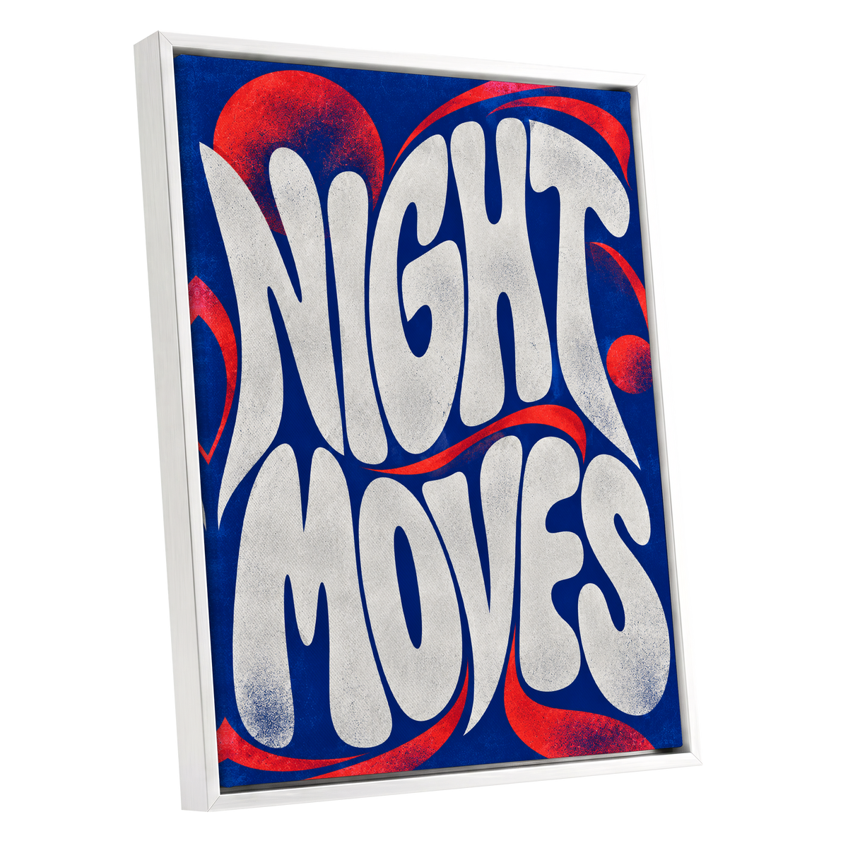 Night Moves, blue, white, red abstract wall art shown as a white framed canvas wall art
