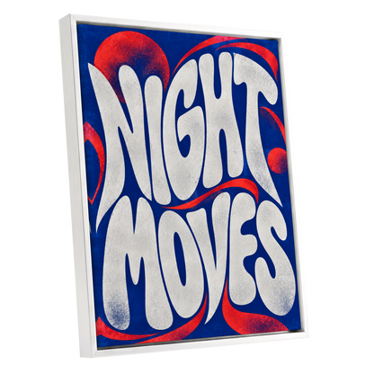 Night Moves, blue, white, red abstract wall art shown as a white framed canvas wall art