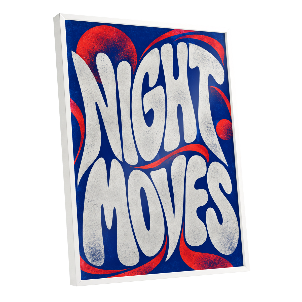 Night Moves, blue, white, red abstract wall art shown as a white framed poster wall art print