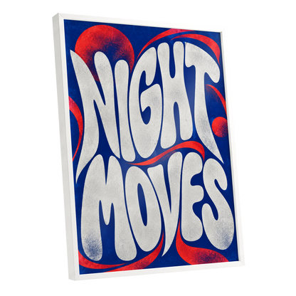 Night Moves, blue, white, red abstract wall art shown as a white framed poster wall art print