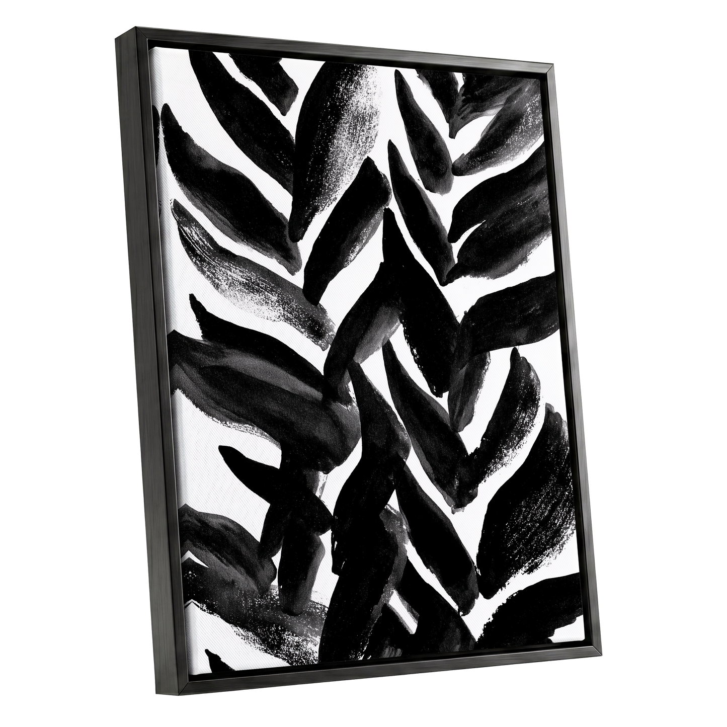 Nightfall Fronds, black, white, gray nature wall art shown as a black framed canvas wall art