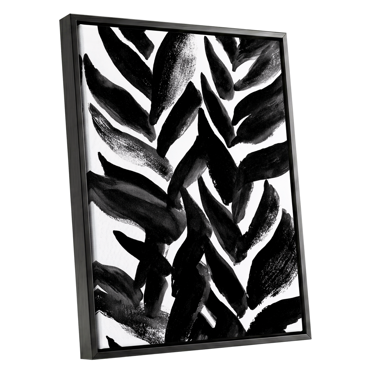 Nightfall Fronds, black, white, gray nature wall art shown as a black framed canvas wall art