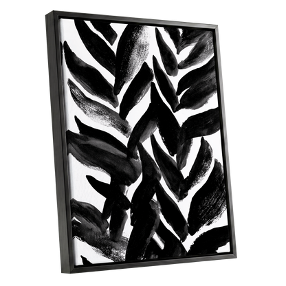 Nightfall Fronds, black, white, gray nature wall art shown as a black framed canvas wall art