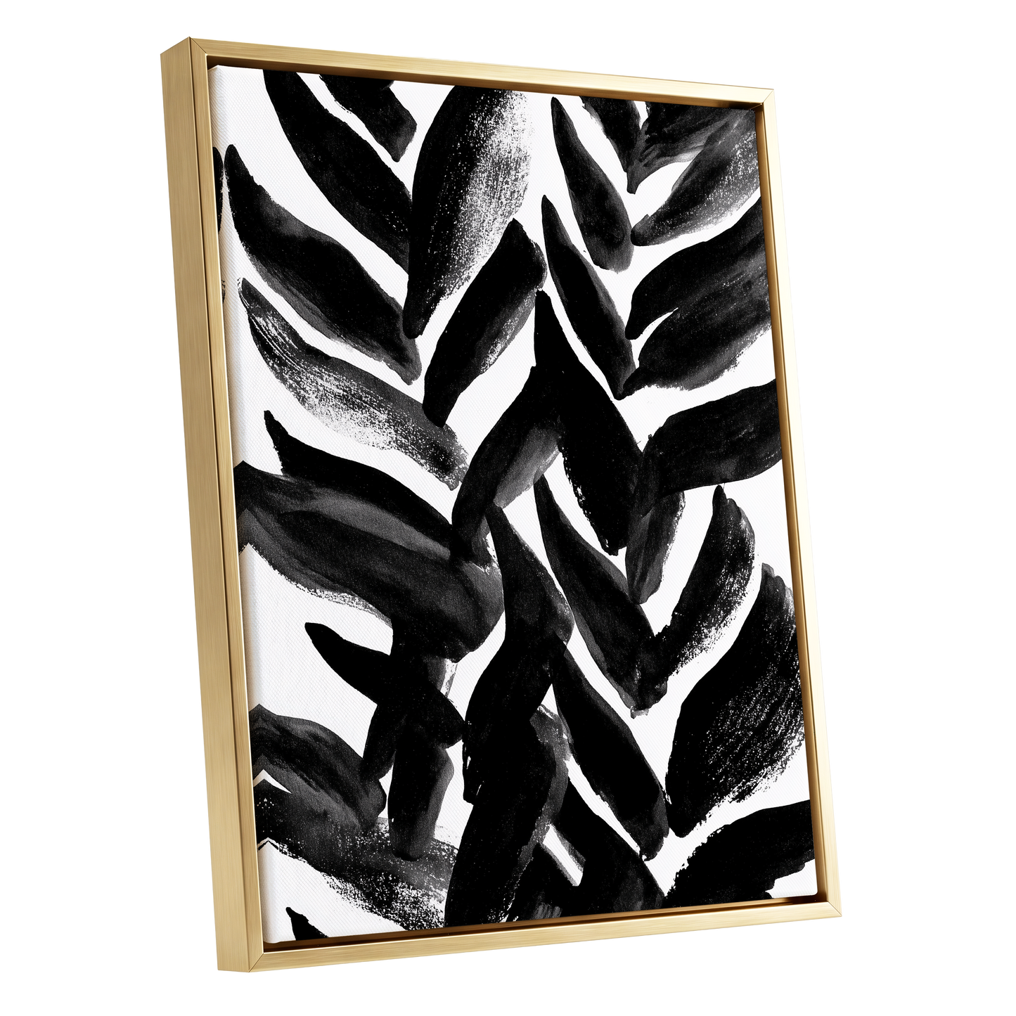 Nightfall Fronds, black, white, gray nature wall art shown as a gold framed canvas wall art