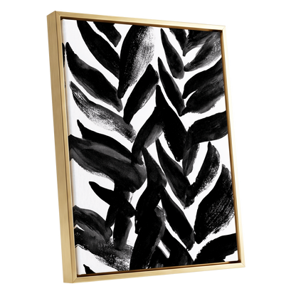 Nightfall Fronds, black, white, gray nature wall art shown as a gold framed canvas wall art