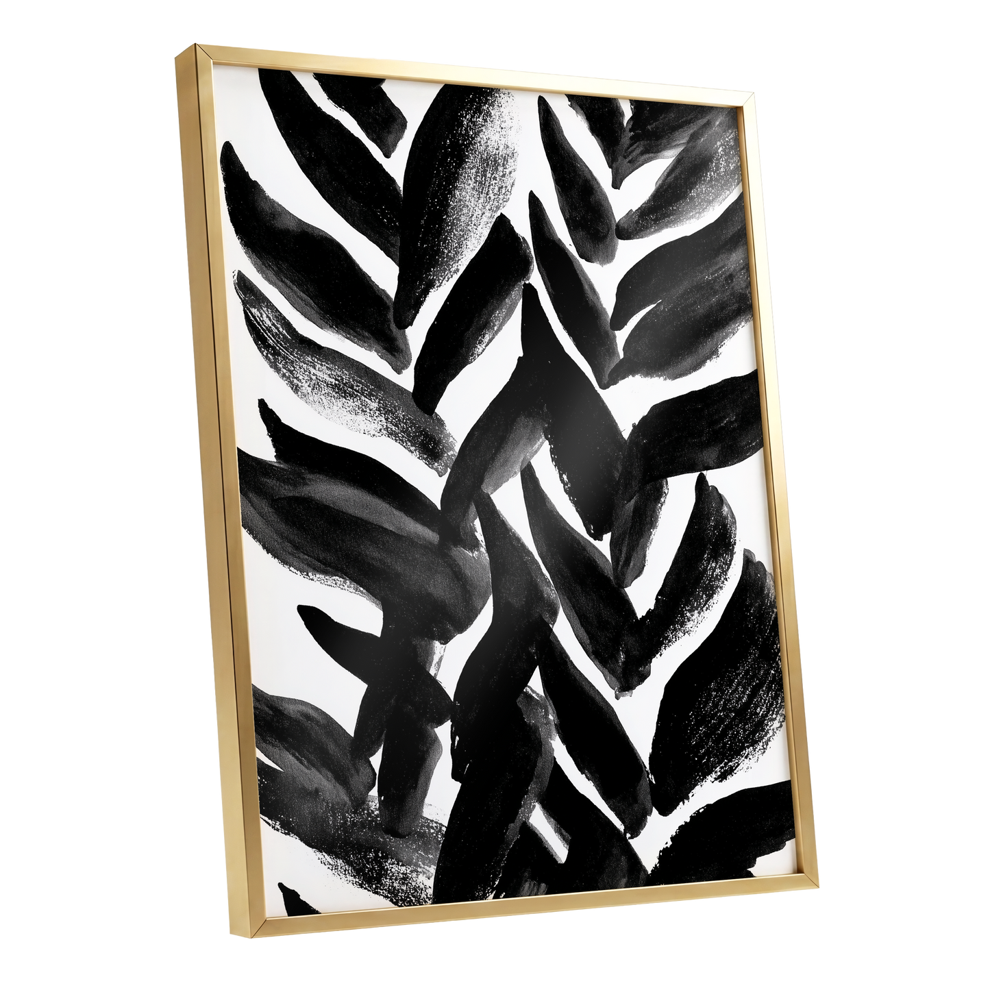 Nightfall Fronds, black, white, gray nature wall art shown as a gold framed poster wall art print