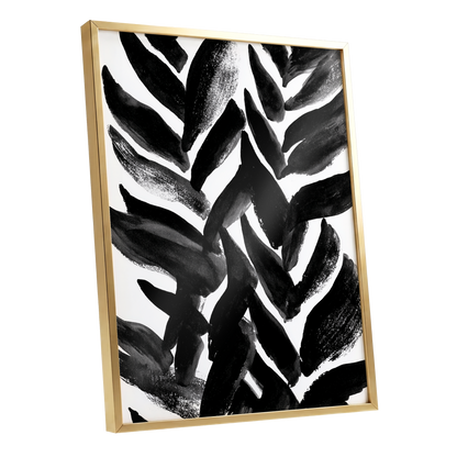 Nightfall Fronds, black, white, gray nature wall art shown as a gold framed poster wall art print