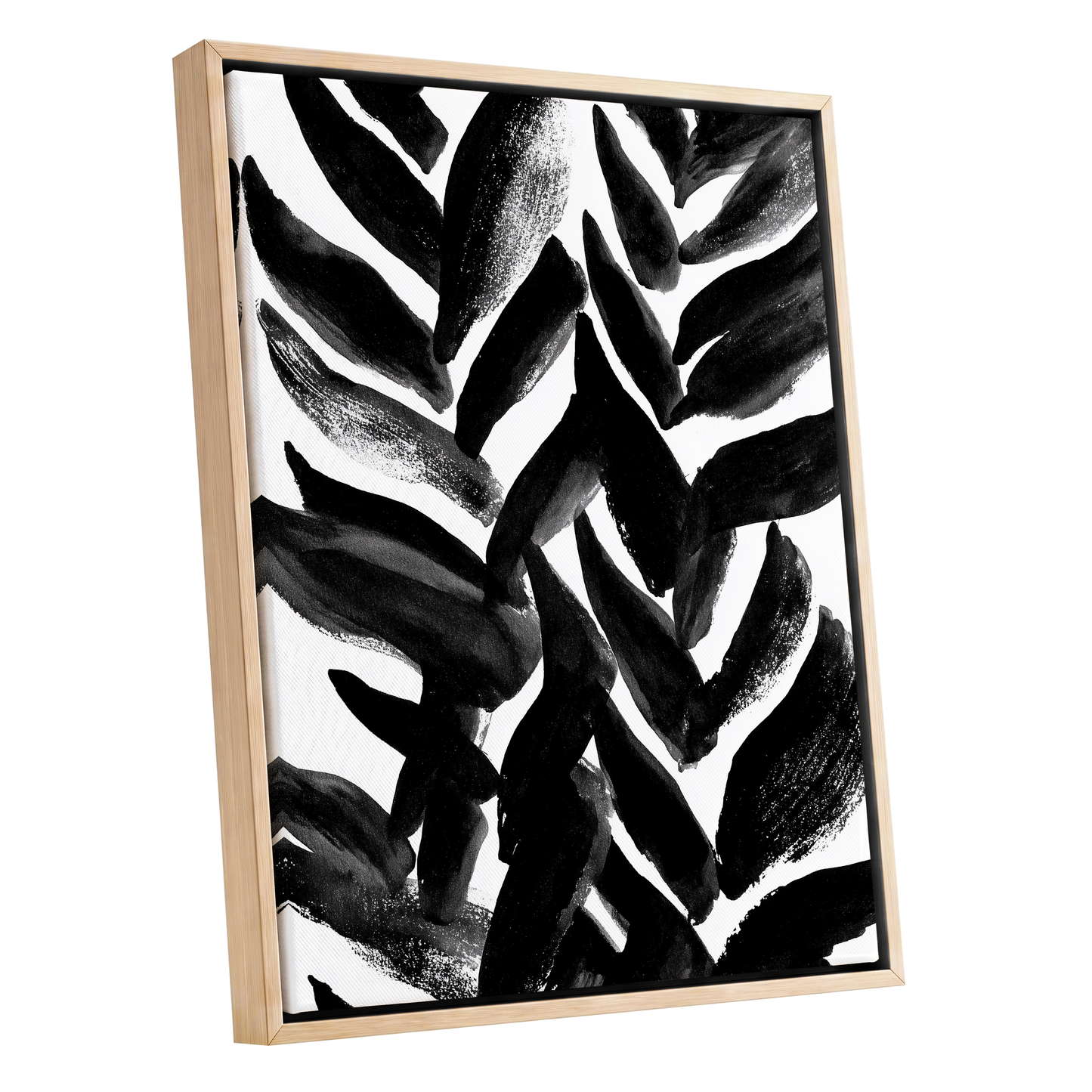 Nightfall Fronds, black, white, gray nature wall art shown as a oak framed canvas wall art