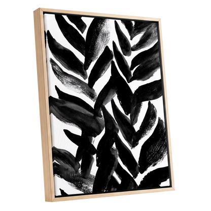 Nightfall Fronds, black, white, gray nature wall art shown as a oak framed canvas wall art