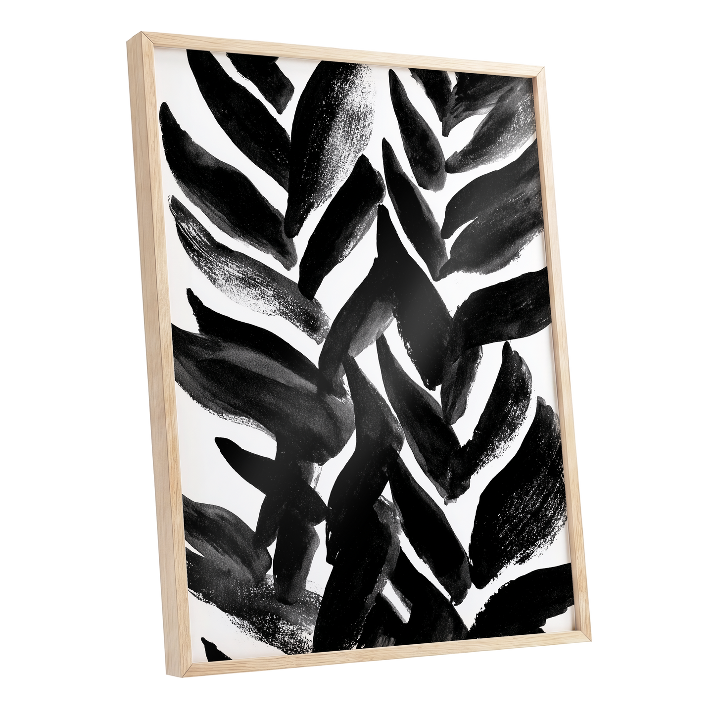 Nightfall Fronds, black, white, gray nature wall art shown as a oak framed poster wall art print