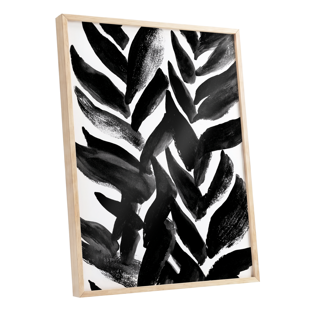 Nightfall Fronds, black, white, gray nature wall art shown as a oak framed poster wall art print