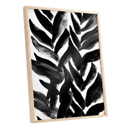 Nightfall Fronds, black, white, gray nature wall art shown as a oak framed poster wall art print