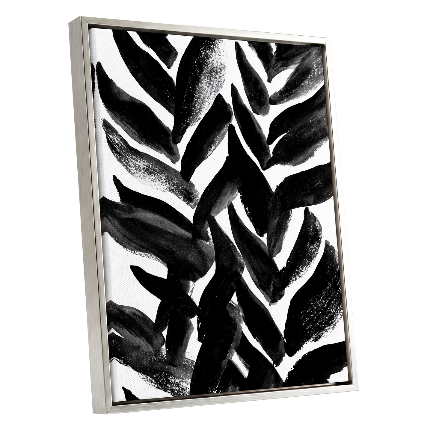 Nightfall Fronds, black, white, gray nature wall art shown as a silver framed canvas wall art