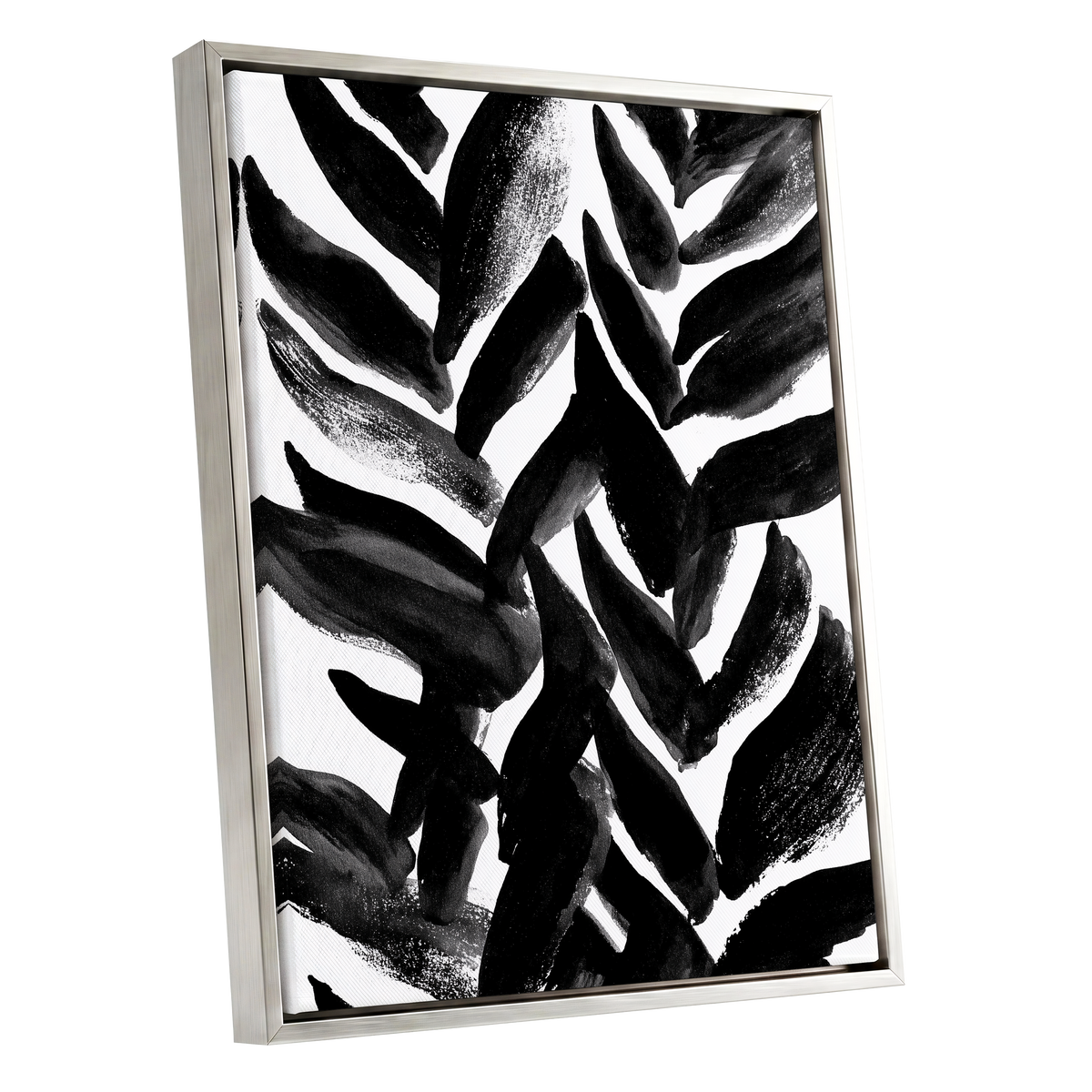 Nightfall Fronds, black, white, gray nature wall art shown as a silver framed canvas wall art