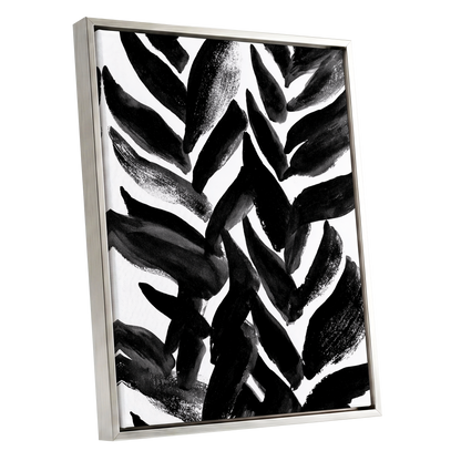 Nightfall Fronds, black, white, gray nature wall art shown as a silver framed canvas wall art
