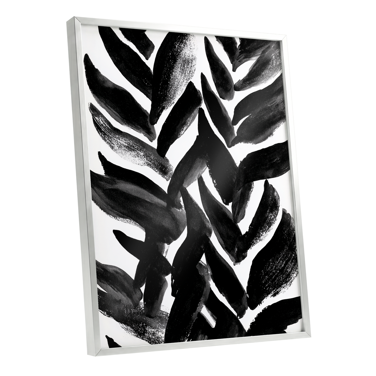 Nightfall Fronds, black, white, gray nature wall art shown as a silver framed poster wall art print