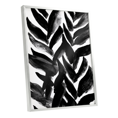 Nightfall Fronds, black, white, gray nature wall art shown as a silver framed poster wall art print