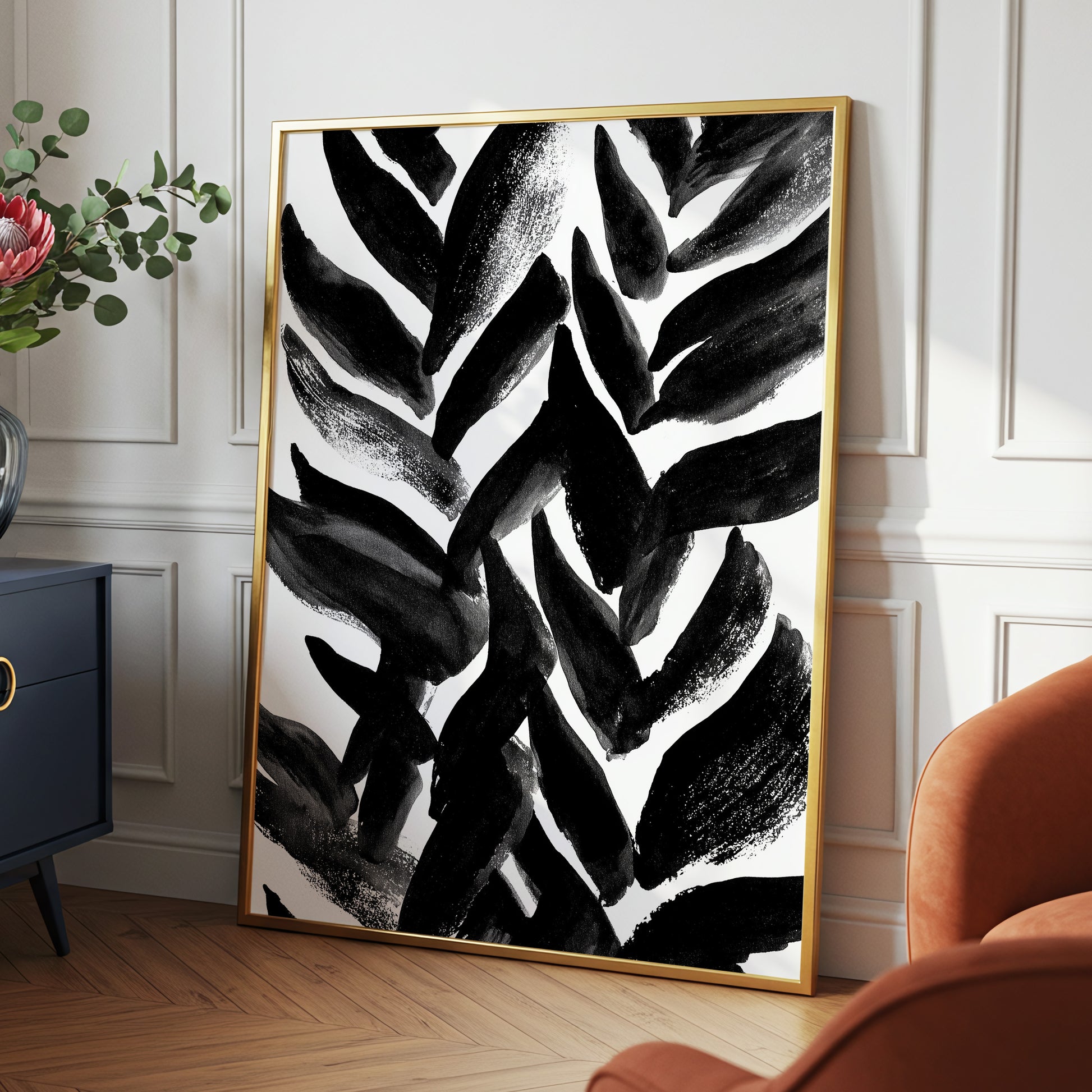 Nightfall Fronds, black, white, gray nature wall art displayed in a styled interior, gallery view 2