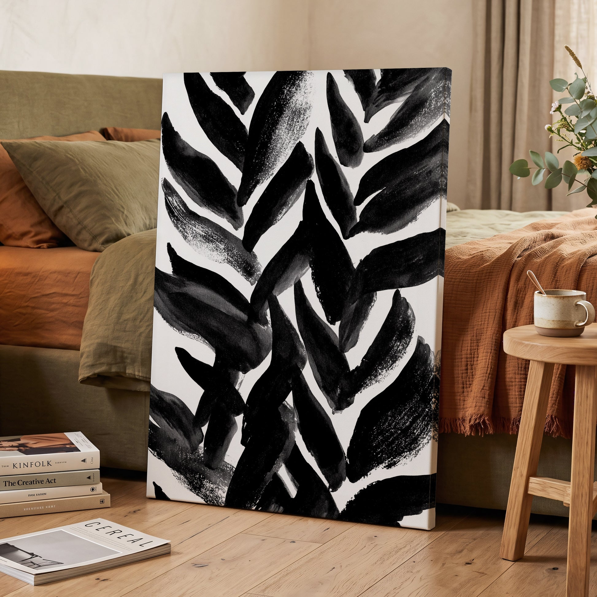 Nightfall Fronds, black, white, gray nature wall art displayed in a styled interior, gallery view 3