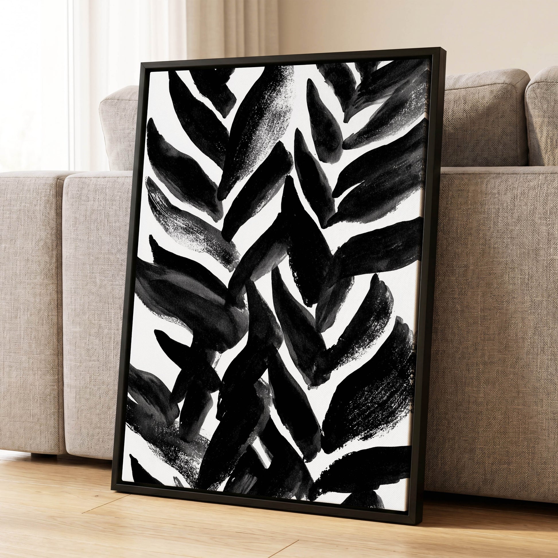 Nightfall Fronds, black, white, gray nature wall art displayed in a styled interior, gallery view 4