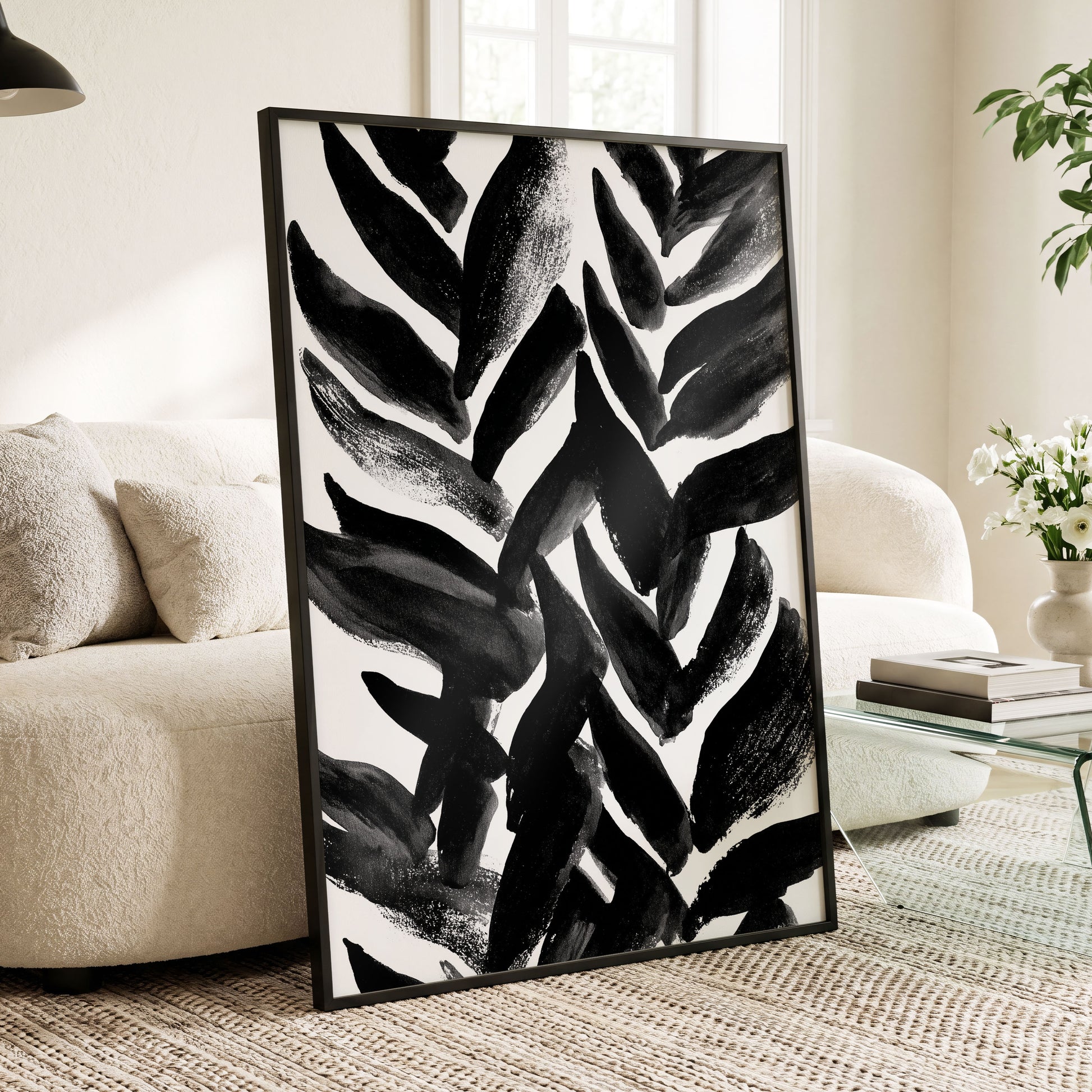 Nightfall Fronds, black, white, gray nature wall art displayed in a styled interior, gallery view 6